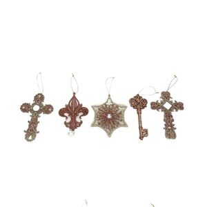 Set Of 5 Christmas Tree Ornaments Rose Gold Pink Silver & Gold Glitter Cross Key